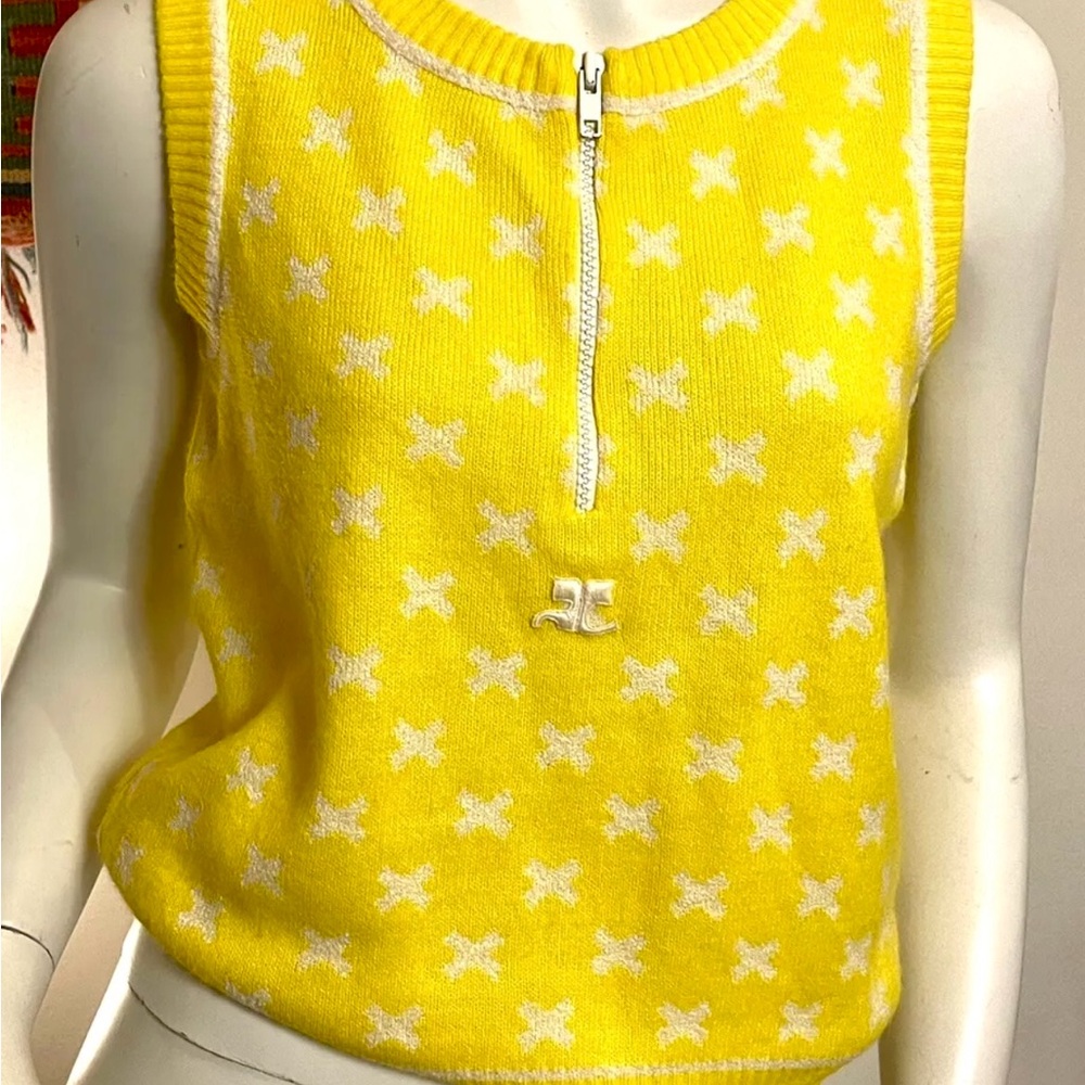 1970s Vintage Mod Yellow Courreges Courrēges Paris Sleeveless Print Zip Sweater